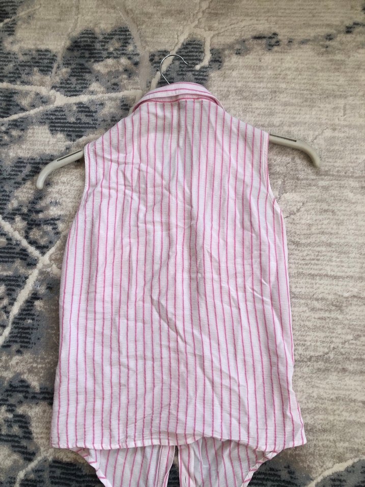 Pembe Çizgili Kolsuz Keten Gömlek - Görsel 2