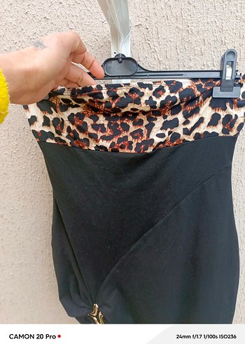 Leopar Desenli Siyah Mini Straplez Elbise - Görsel 2