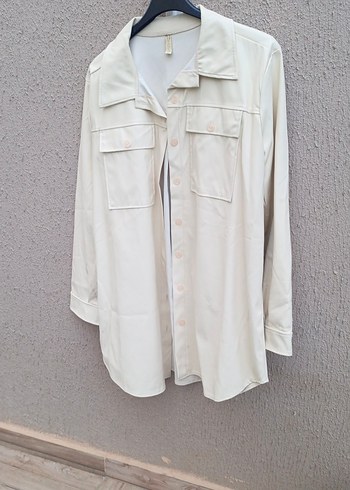 Düğmeli Gri Kadın Uzun Kollu Gömlek suni deri - Görsel 2