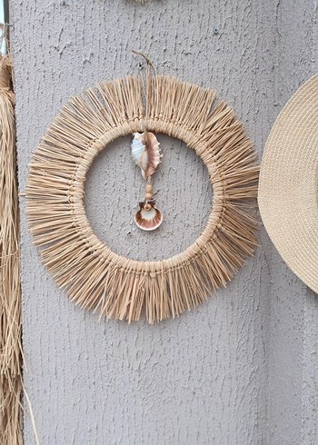 Deniz kabuklu doğal hasır duvar aynası - Görsel 3