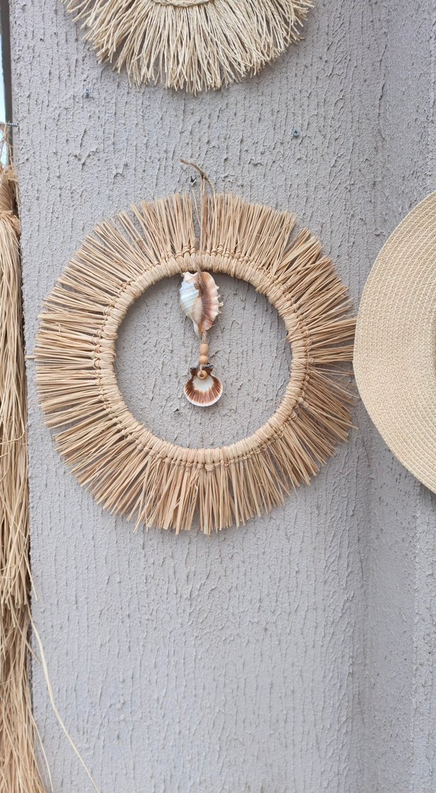 Deniz kabuklu doğal hasır duvar aynası - Görsel 3