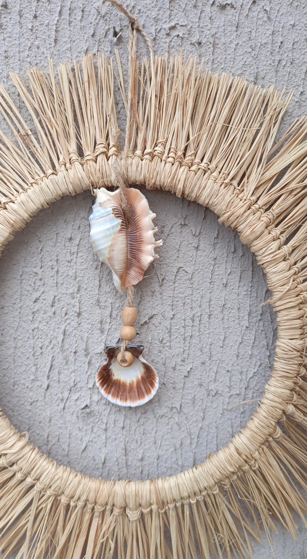 Deniz kabuklu doğal hasır duvar aynası - Görsel 2