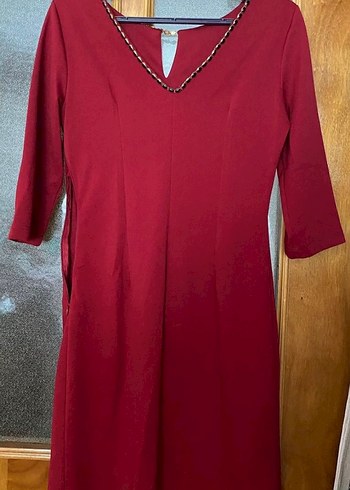 Bordo V Yaka Midi Ofis Elbisesi - Görsel 2