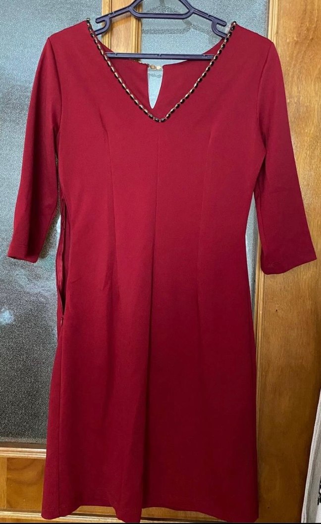 Bordo V Yaka Midi Ofis Elbisesi - Görsel 2