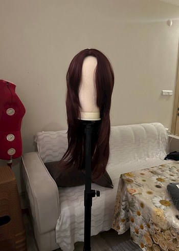 Bordo Sentetik Kumaş Uzun Kadın Peruk - Görsel 2