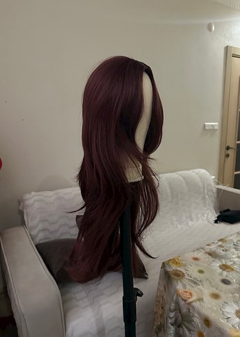 Bordo Sentetik Kumaş Uzun Kadın Peruk - Görsel 4