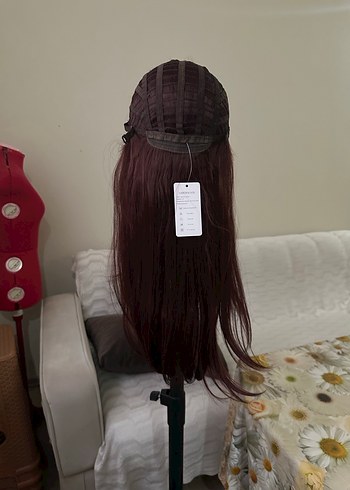 Bordo Sentetik Kumaş Uzun Kadın Peruk - Görsel 13