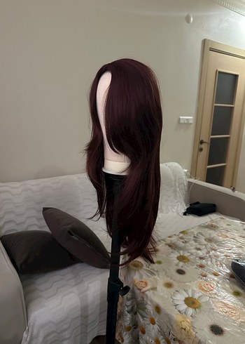 Bordo Sentetik Kumaş Uzun Kadın Peruk - Görsel 8