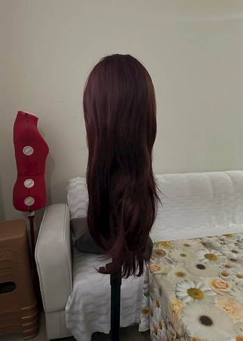 Bordo Sentetik Kumaş Uzun Kadın Peruk - Görsel 6