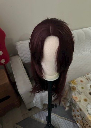 Bordo Sentetik Kumaş Uzun Kadın Peruk - Görsel 3