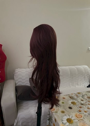 Bordo Sentetik Kumaş Uzun Kadın Peruk - Görsel 7