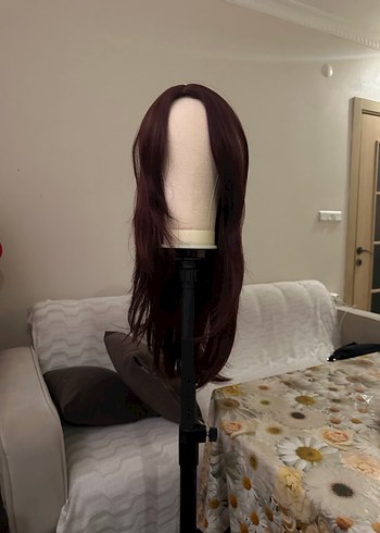 Bordo Sentetik Kumaş Uzun Kadın Peruk - Görsel 9