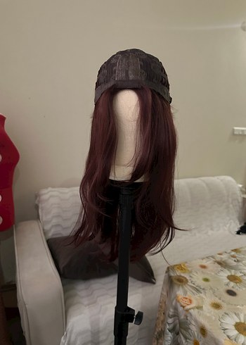 Bordo Sentetik Kumaş Uzun Kadın Peruk - Görsel 11