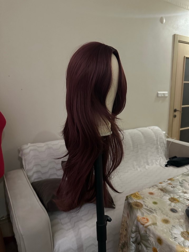 Bordo Sentetik Kumaş Uzun Kadın Peruk - Görsel 4