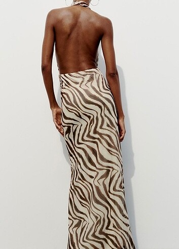 l Beden Zara leopar desenli halter yaka elbıse
