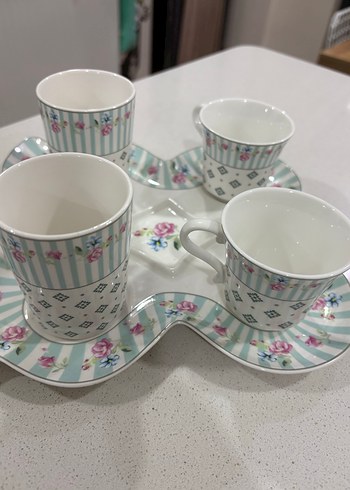 Pastel Çiçek Desenli Beyaz Porselen Fincan seti, - Görsel 5