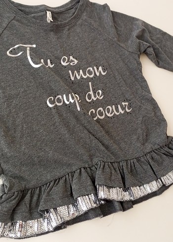 Kız Çocuk Gri Pamuklu Uzun Kollu Fırfırlı Tişört - Görsel 2