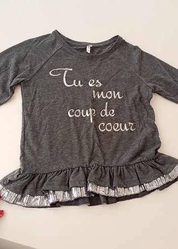 Kız Çocuk Gri Pamuklu Uzun Kollu Fırfırlı Tişört - Görsel 5