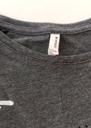 Kız Çocuk Gri Pamuklu Uzun Kollu Fırfırlı Tişört - Görsel 3