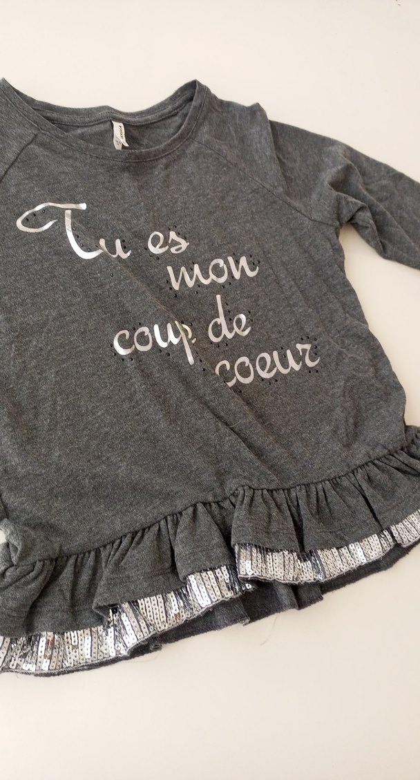 Kız Çocuk Gri Pamuklu Uzun Kollu Fırfırlı Tişört - Görsel 2