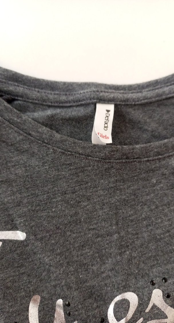 Kız Çocuk Gri Pamuklu Uzun Kollu Fırfırlı Tişört - Görsel 3