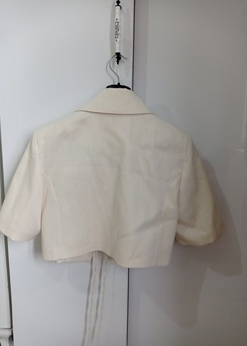 Kısa Kollu Keten Beyaz Kadın Blazer - Görsel 3