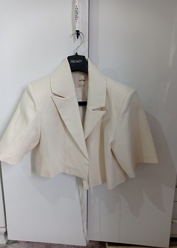 Kısa Kollu Keten Beyaz Kadın Blazer - Görsel 2