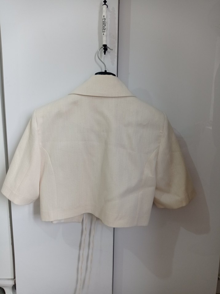 Kısa Kollu Keten Beyaz Kadın Blazer - Görsel 3