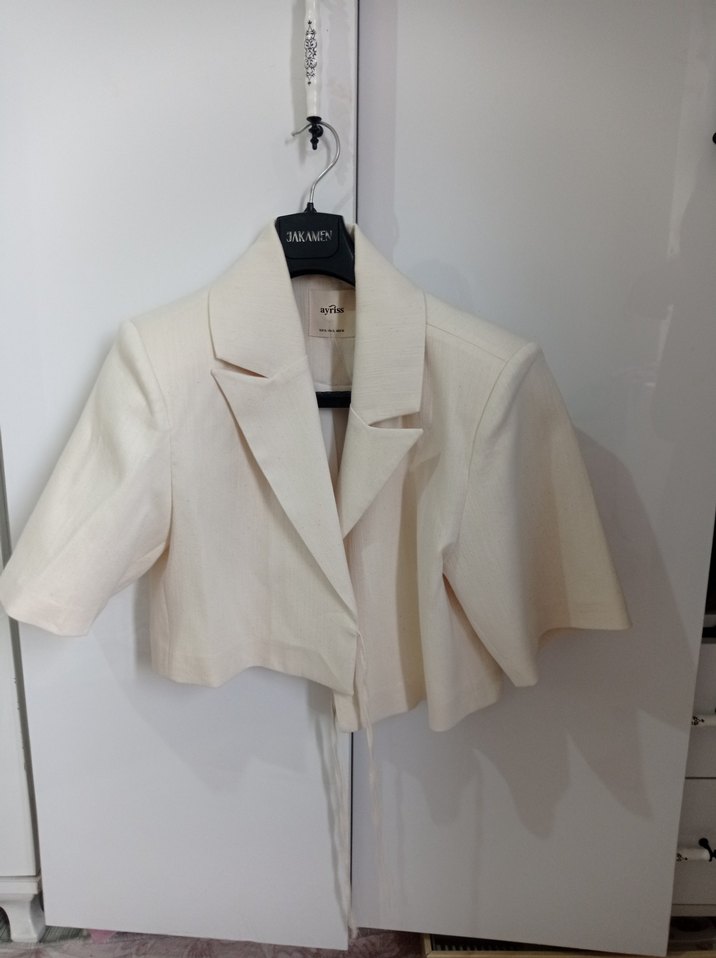 Kısa Kollu Keten Beyaz Kadın Blazer - Görsel 2