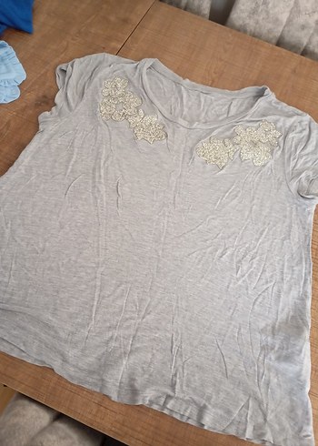 h&m yakası taşlı tişört - Görsel 5