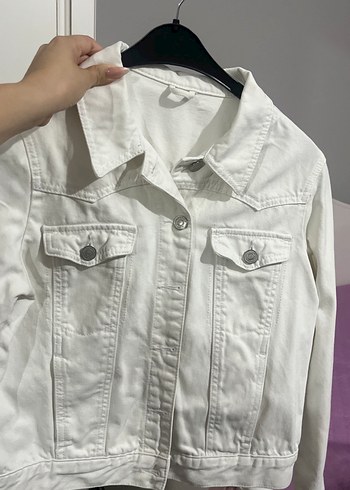 s Beden Beyaz Düğmeli Kadın Denim Ceket