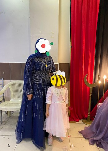 Boncuk İşlemeli Uzun Kollu Mavi Tesettür Abiye - Görsel 2