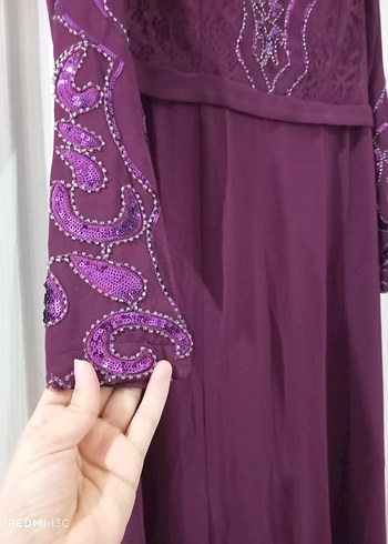 Mor Uzun Kollu İşlemeli Abiye Elbise - Görsel 2