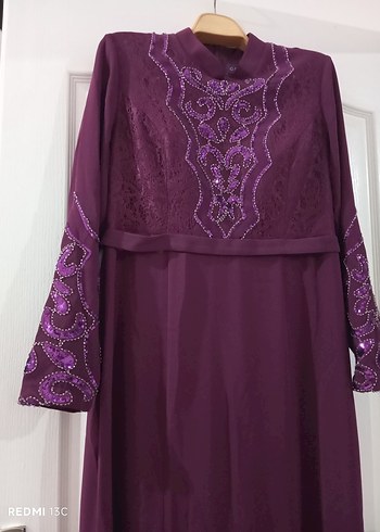 Mor Uzun Kollu İşlemeli Abiye Elbise - Görsel 4