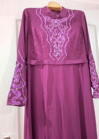 Mor Uzun Kollu İşlemeli Abiye Elbise - Görsel 3