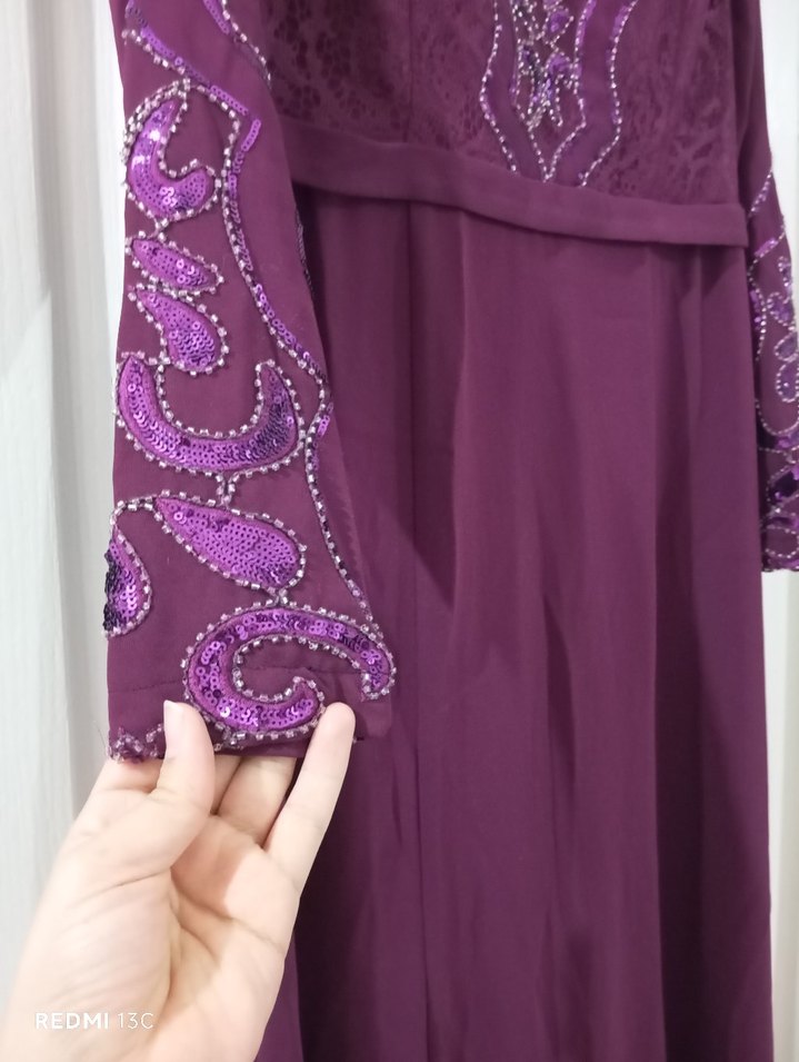 Mor Uzun Kollu İşlemeli Abiye Elbise - Görsel 2