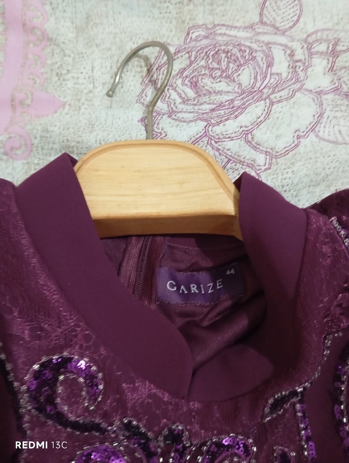 Mor Uzun Kollu İşlemeli Abiye Elbise - Görsel 5