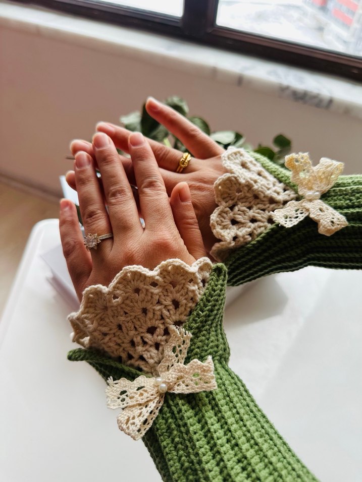 Yeşil Örgü Kadın Eldiveni Dantel Detaylı - Görsel 4