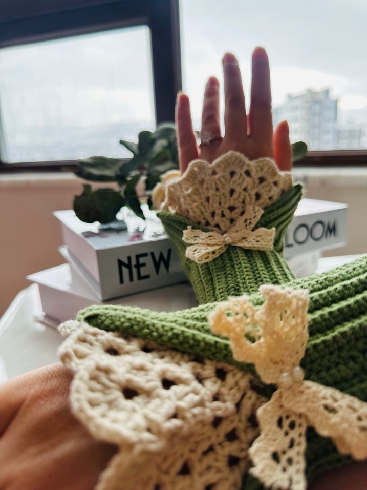 Yeşil Örgü Kadın Eldiveni Dantel Detaylı - Görsel 3