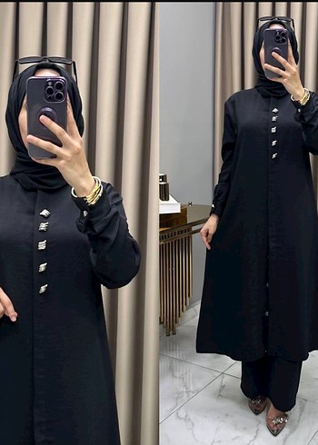Düğmeli Siyah Uzun Kadın Elbise
