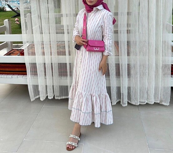 dearsisters keten elbise pembe çizgili