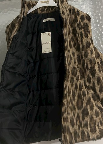 Kürk Detaylı Leopar Desenli Kadın Şişme Yelek - Görsel 3