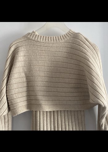 Bej Uzun Kollu Boğazlı Triko Elbise - Görsel 3