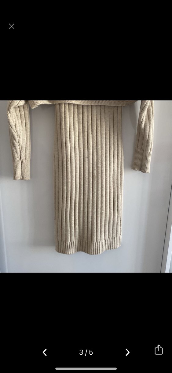 Bej Uzun Kollu Boğazlı Triko Elbise - Görsel 2