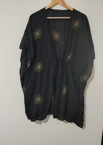 Nakışlı Siyah Kısa Keten Bohem Kadın Kimono - Görsel 3