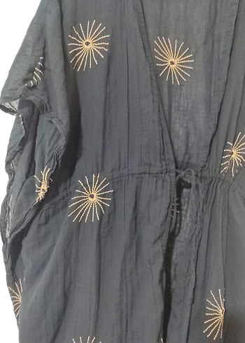 Nakışlı Siyah Kısa Keten Bohem Kadın Kimono - Görsel 4