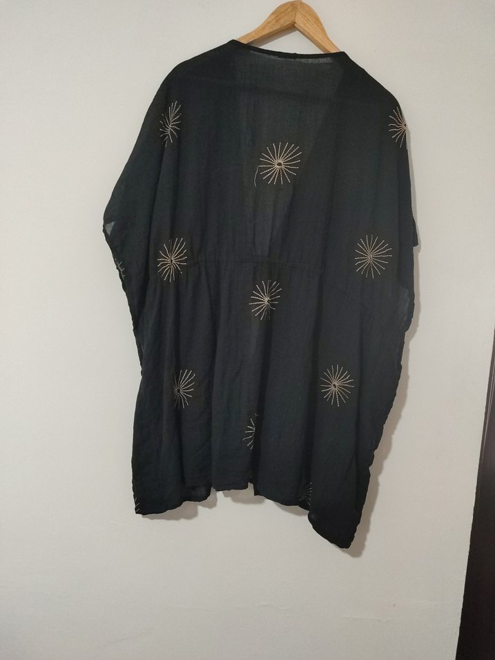 Nakışlı Siyah Kısa Keten Bohem Kadın Kimono - Görsel 2
