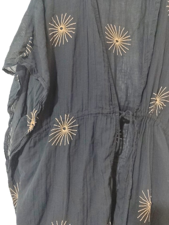 Nakışlı Siyah Kısa Keten Bohem Kadın Kimono - Görsel 4