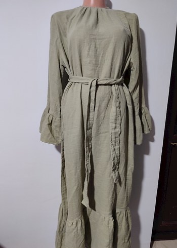 Bej Uzun Muslin Elbise Fırfırlı - Görsel 3