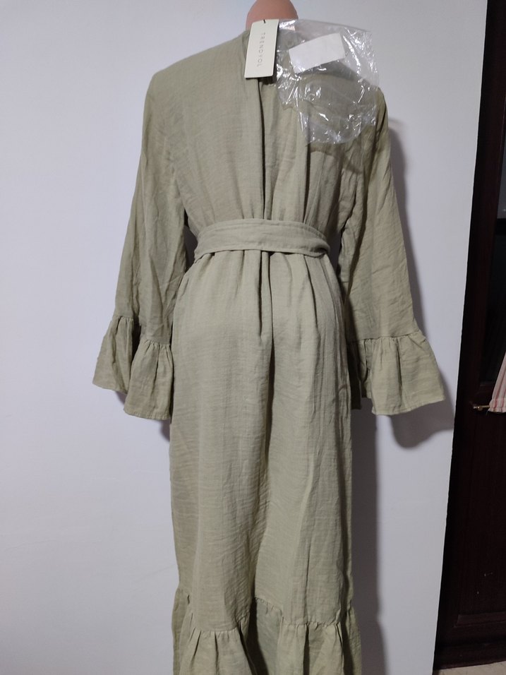 Bej Uzun Muslin Elbise Fırfırlı - Görsel 5